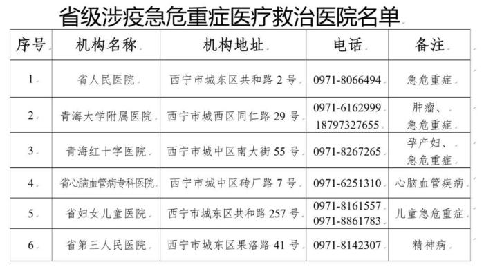 图为省级涉疫急危重症医疗救治医院名单。　西宁市新冠肺炎疫情防控处置工作指挥部供图