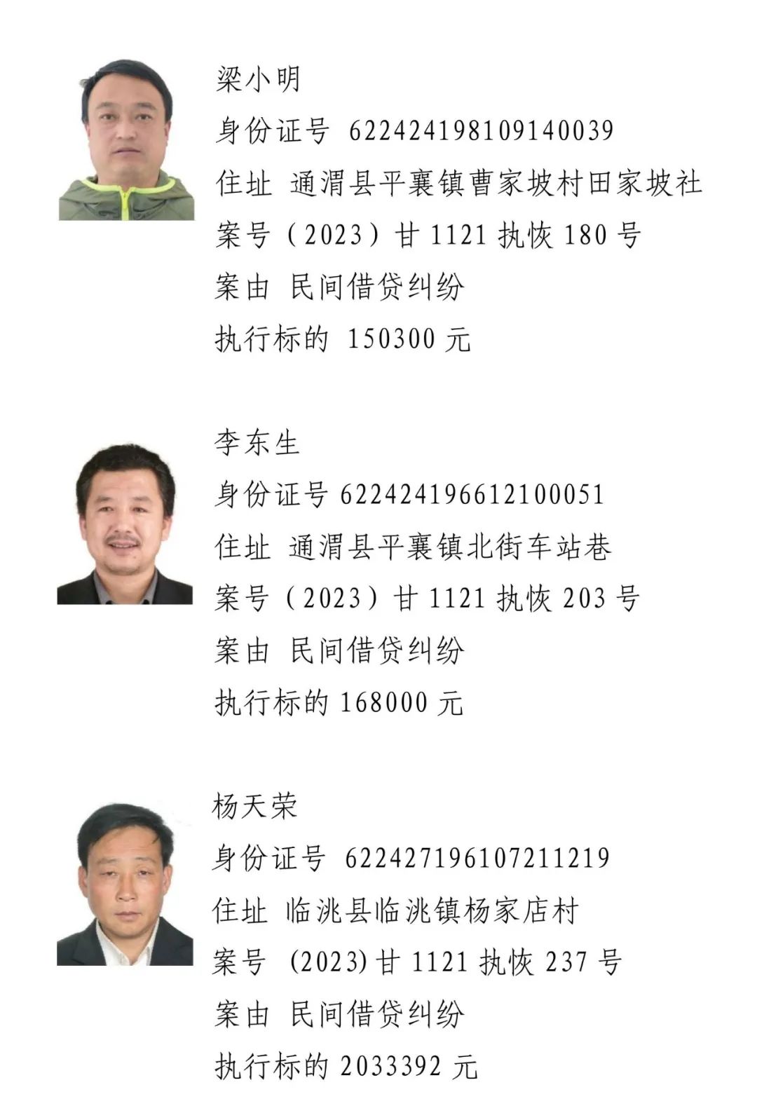 定西通渭县法院关于公布失信被执行人名单的公告